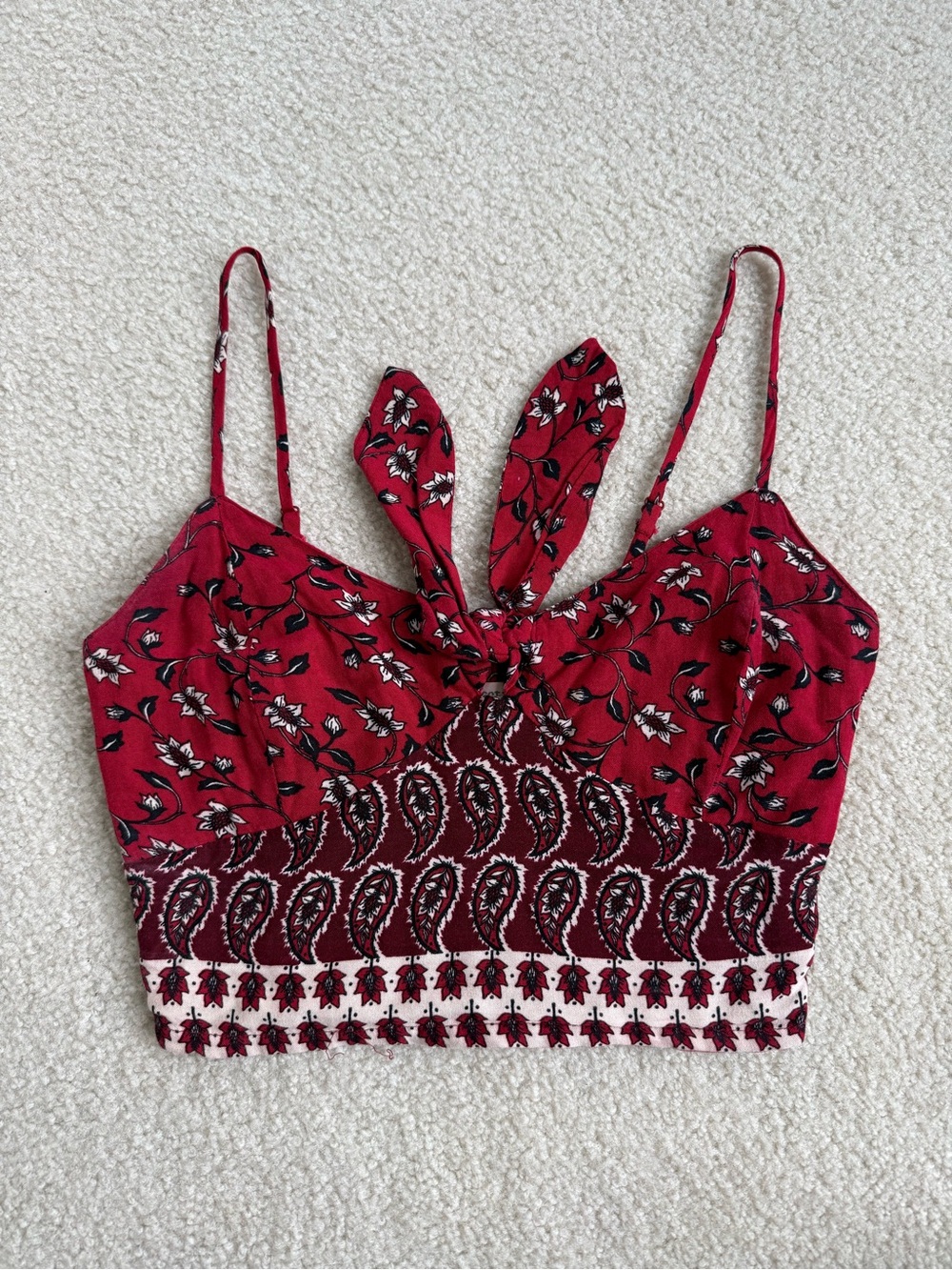 Red Floral Tie-Front Paisley Crop Top with Spaghetti Straps